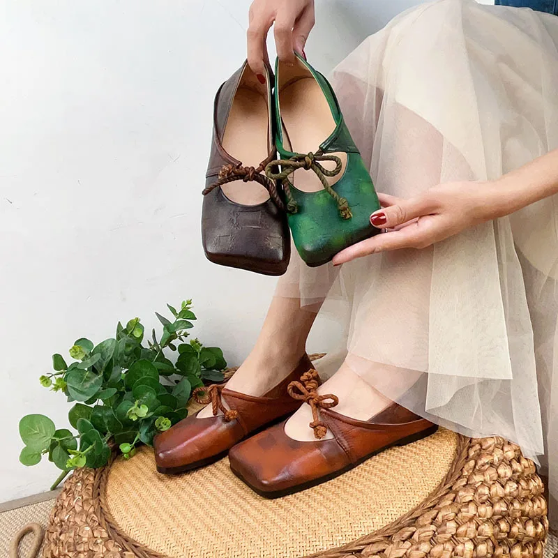 

Birkuir Square Toe Women Mary Jane Shoes Lace Up Genuine Leather Single Shoes Luxury Flats Leather Shoes Soft Ladies Loafers