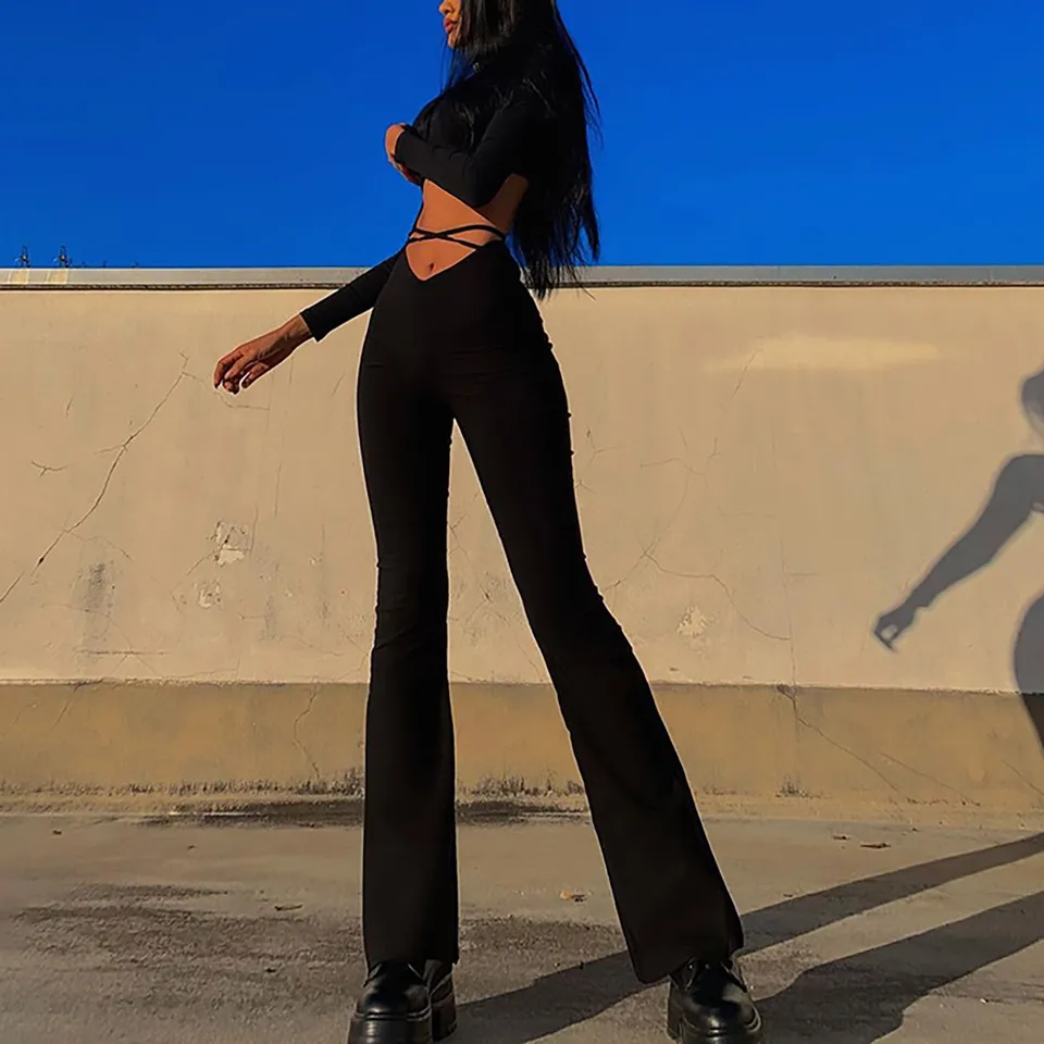Womens V Waist Cropped Flared Track Pants