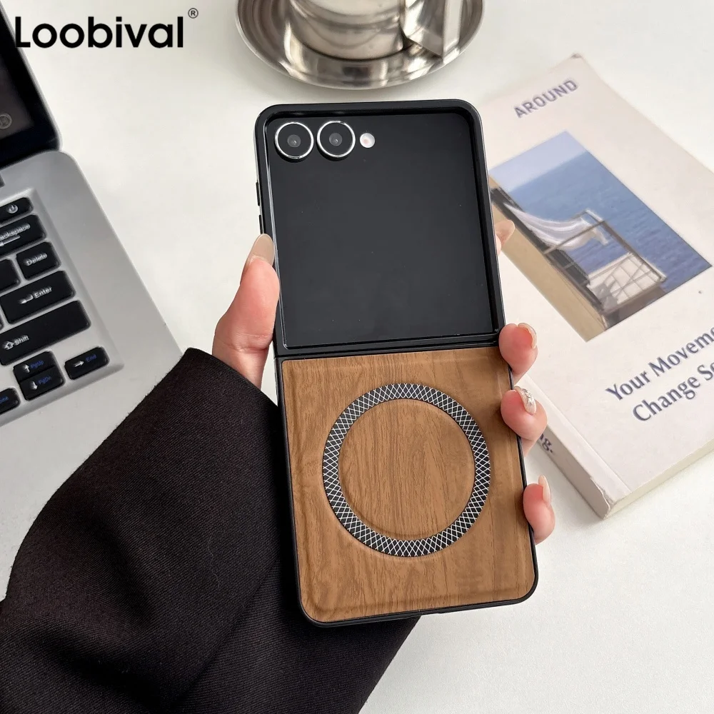 Luxury Wood Grain Magnetic Leather Phone Case with Magsafe Compatibility - Shockproof Cover