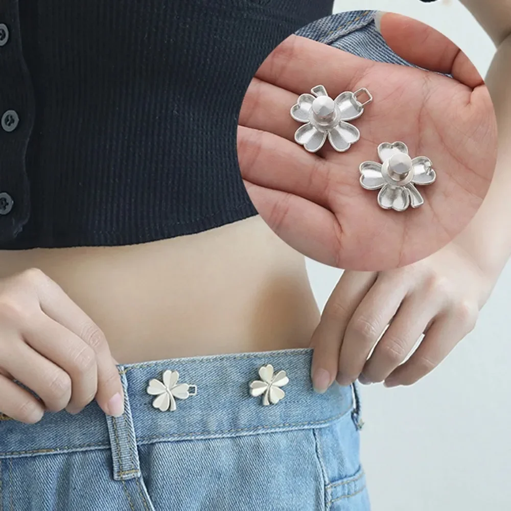 1 Pair Adjustable Waist Tightener Four Leaf Clover Trousers Waist Buckles for Jeans Pants Skirts Snap Button Adjuster Clips 6
