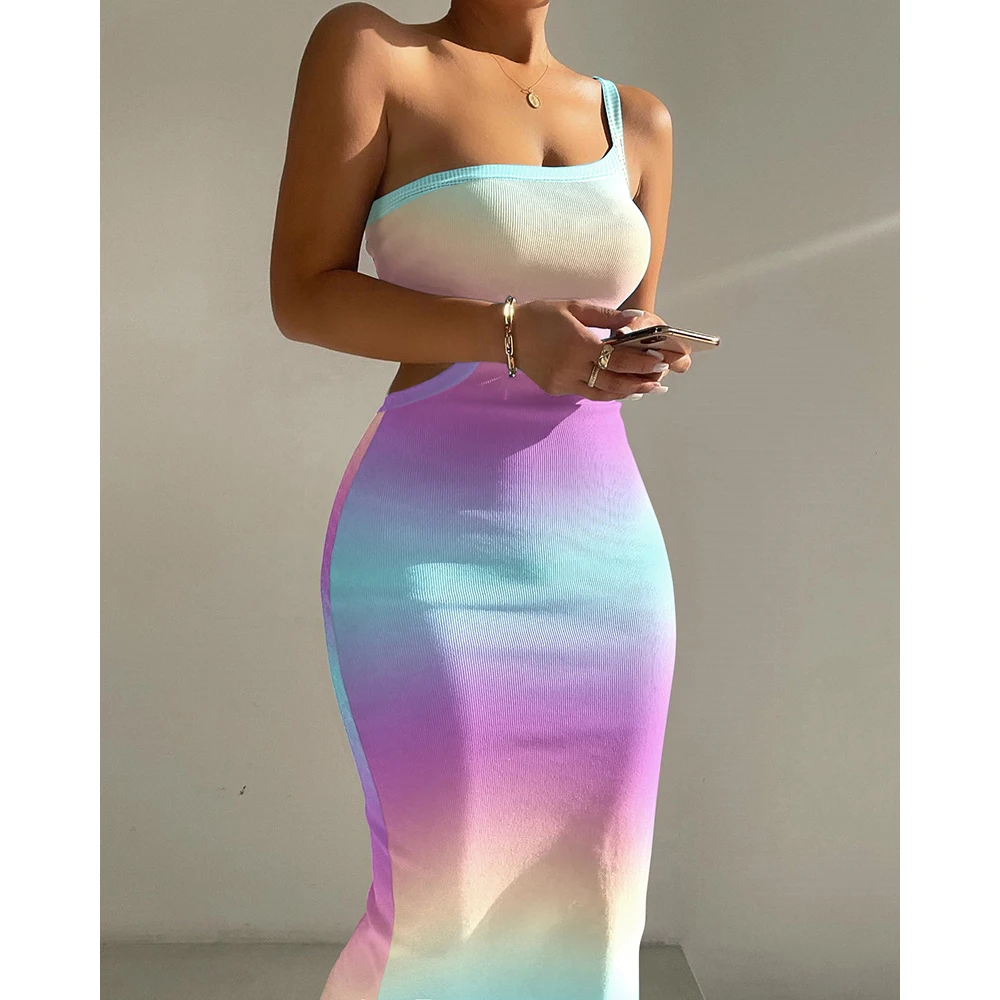 

Women Ombre One Shoulder Cutout Ribbed Asymmetrical Bodycon Dress One Shoulder Sexy Skinny Summer Midi Long Dress 2022