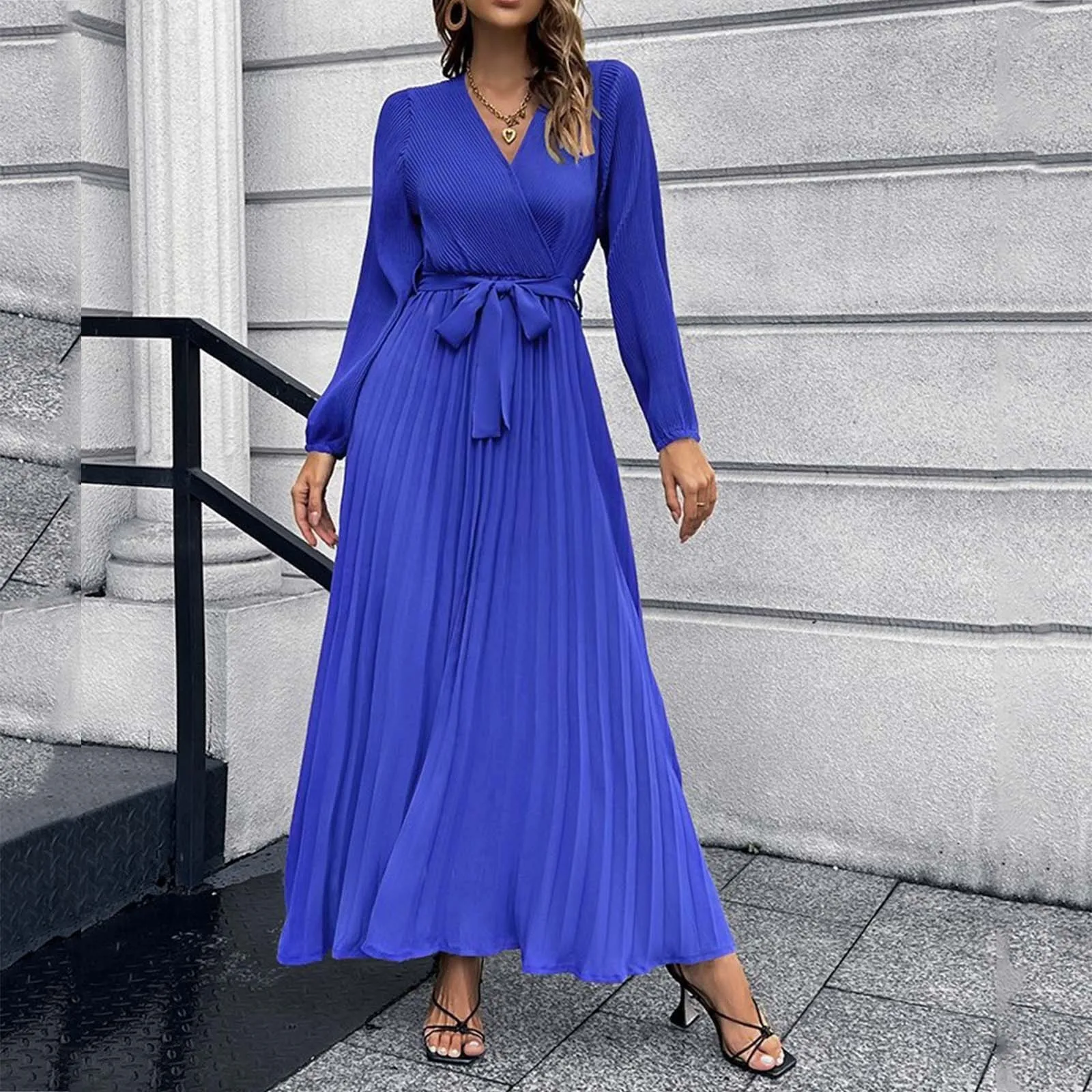 

Women's Causal Vintage Dress Long Sleeved V Neck Solid Color Dresses Pleated Casual A Line Loose Ankle Length New In Sundress