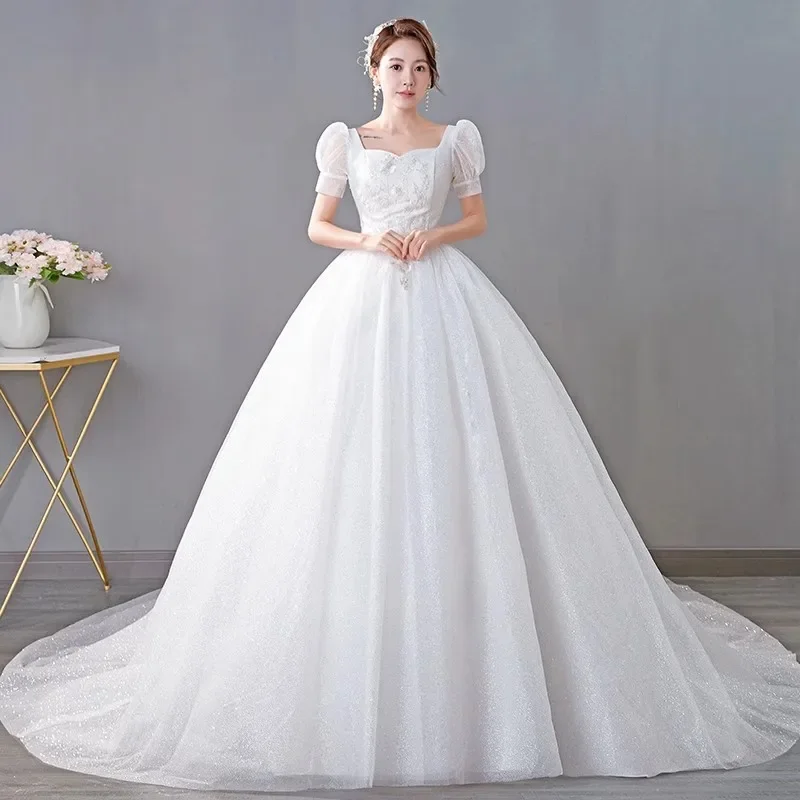 

Wedding Dresses White Bling Tulle Cheap Square Collar Short Sleeves Princess Floor-length Plus size Simple Bride Ball Gown XN056