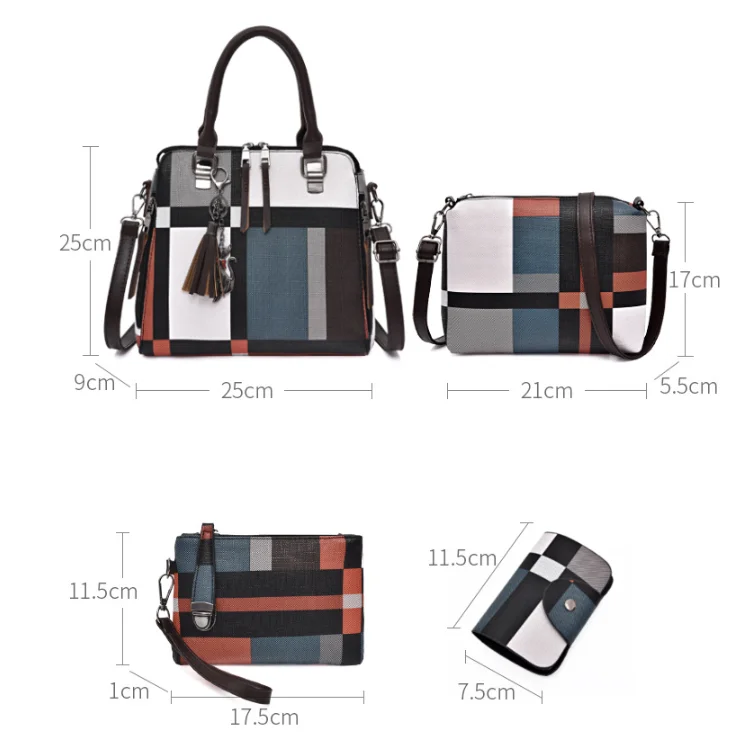 6PCS Women's Bag Set Fashion PU Leather Ladies Handbag Grid Print Messenger Shoulder Bag Wallet Bags women evening bag canvas messenger bag