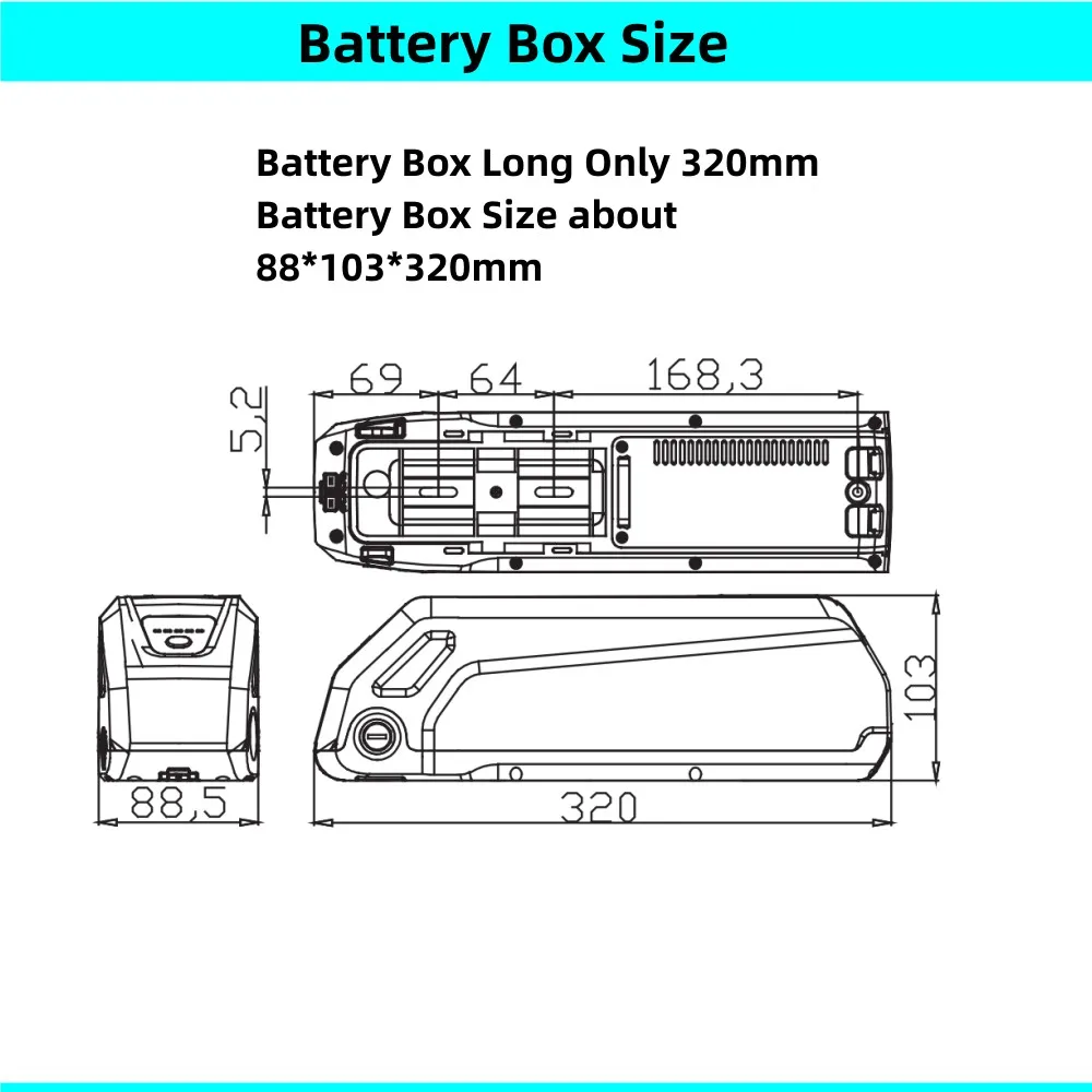 Short Down Tube Dolphin Ebike Battery Box 52 pcs 18650 cells 48v 36v Li-ion Case