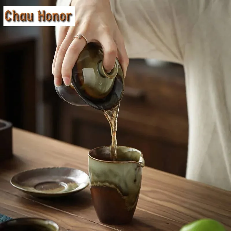 200ml Handmade Wood-fired Ceramic Tea Tureen Retro Coarse Pottery Tea Maker Gaiwan with Lid Household Single Kung Fu Teaware Set