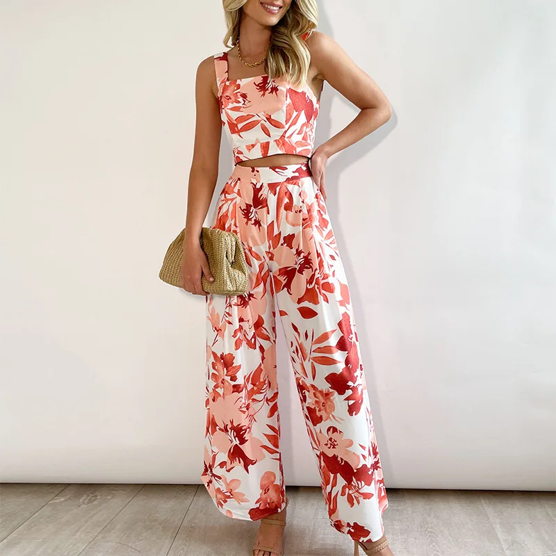 Women's 2022 Fall New Short Fashion Printed Vest High Waist Wide Leg Pants Casual Suit 2 Piece Sets Womens Outfits