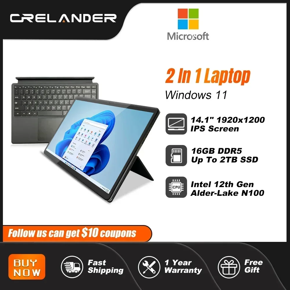 

Планшетный ПК CRELANDER, 14 дюймов, 2 в 1, сенсорный ноутбук Intel N100, мини-ПК, Windows 11, ноутбуки, компьютер с магнитной клавиатурой RGB