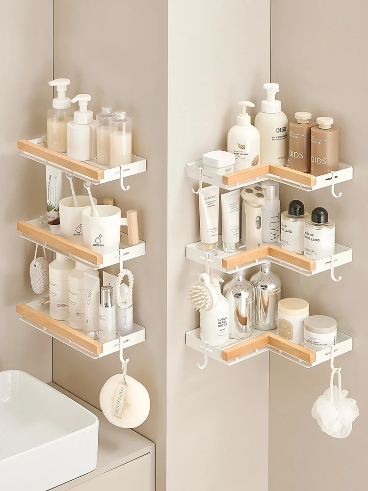 Aluminum and Wood Bathroom Shower Shelf Storage Suction Basket Rack