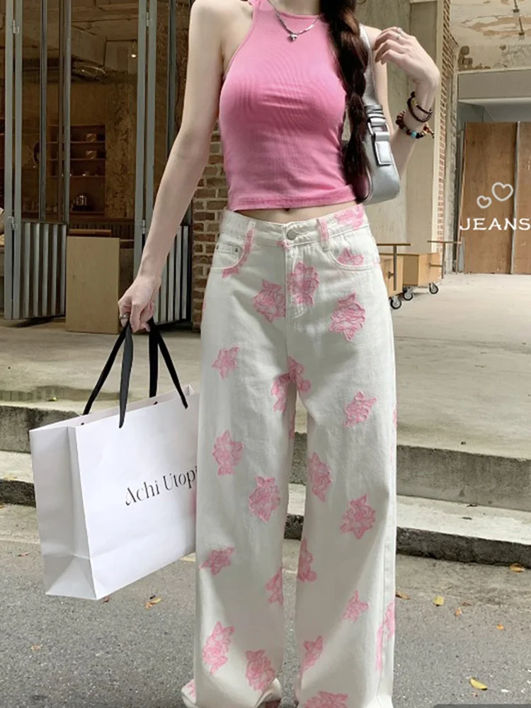 

Floral Printed Denim Pants Vintage Summer New High Waist Wide Leg Jeans Chic Ladies Fashion Long Trouser Streetwear