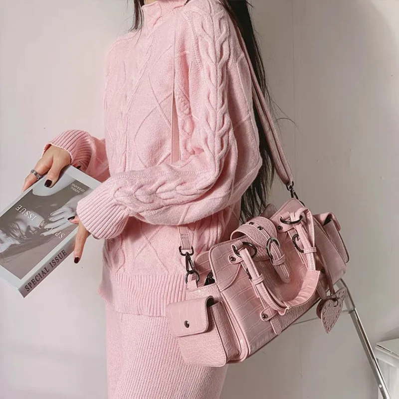 Women Shoulder Bag Xiuya Vintage Biker Shoulder Bag Y2k Hippie American Street Style Heart Rivets Pink Handbag