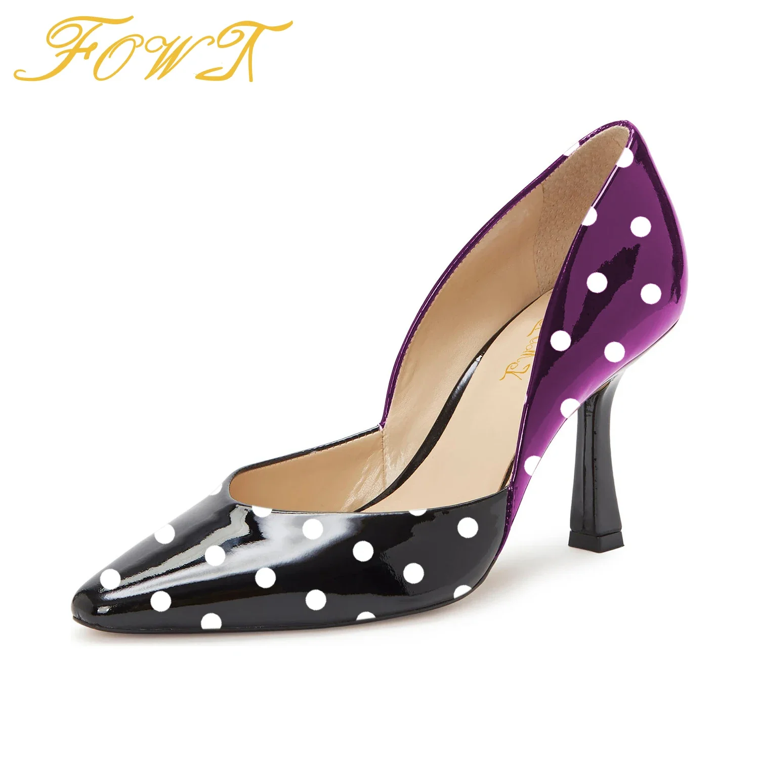 

Black Purple Polka Dot High Thin Heels Woman Pumps Stilettos Pointed Toe Large Size 40 41 Ladies Party Dress Mature Shoes FOWT