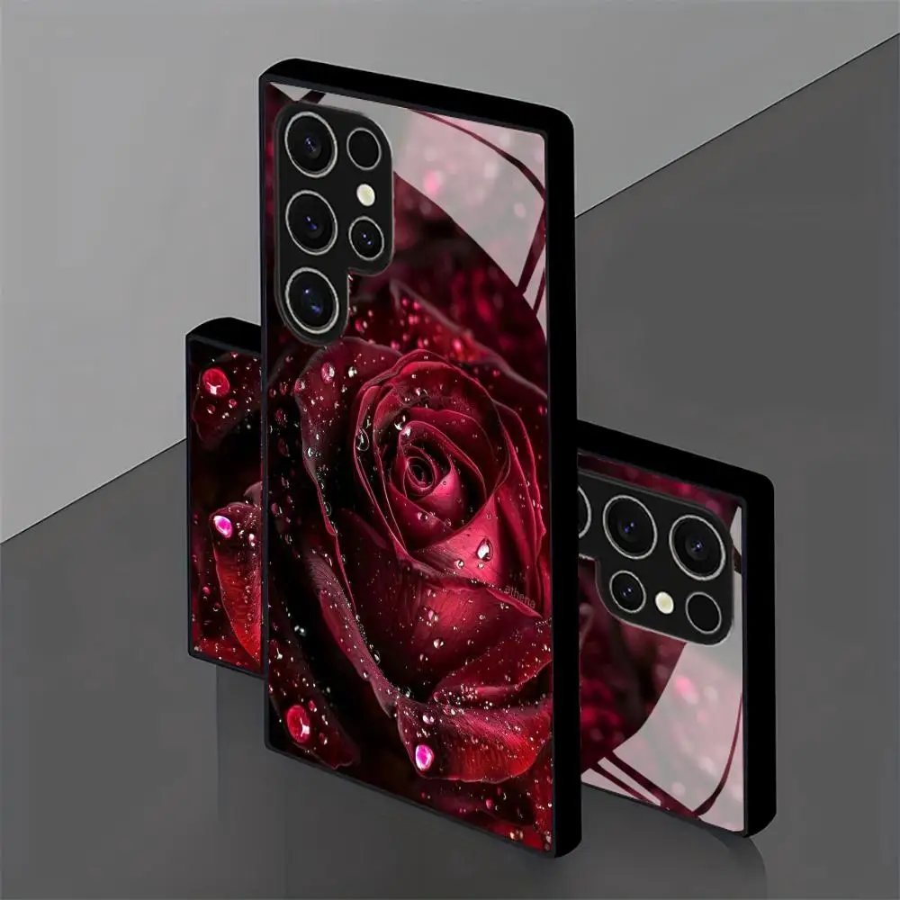Elegant Red Rose Frosted Glass Phone Case - Non-Slip Full Cover Design