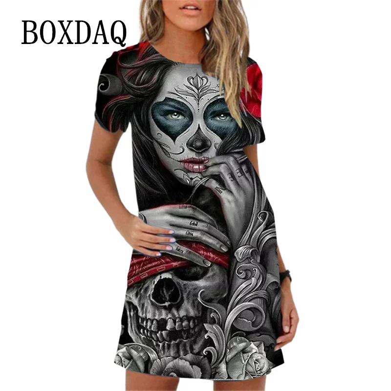 

Funny Cartoon Patterns Women Dress Gothic Terror Skull Print Casual A-Line Dresses 2024 Summer Short Sleeve Mini Womens Sundress