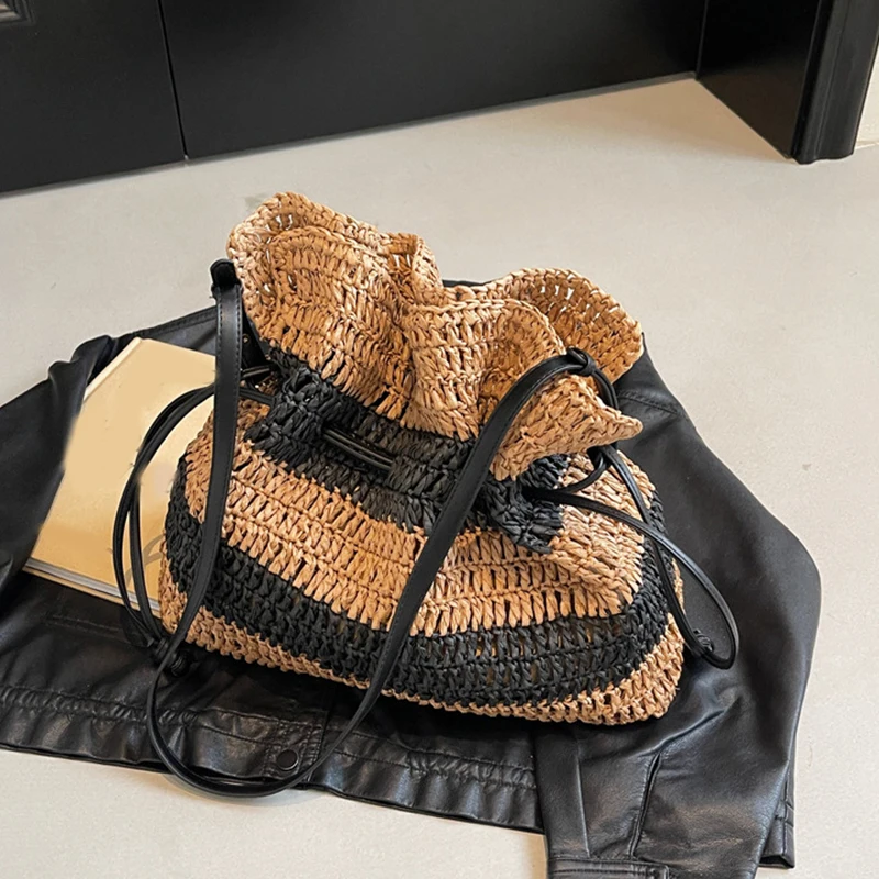 New Stripe Crochet Large Braided Bag Single Shoulder Tote Straw Braided Bag Drawstring Women's Bag
