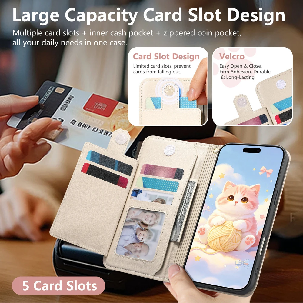 Cat Zipper Leather Wallet Phone Case with Wrist Strap and Card Holder