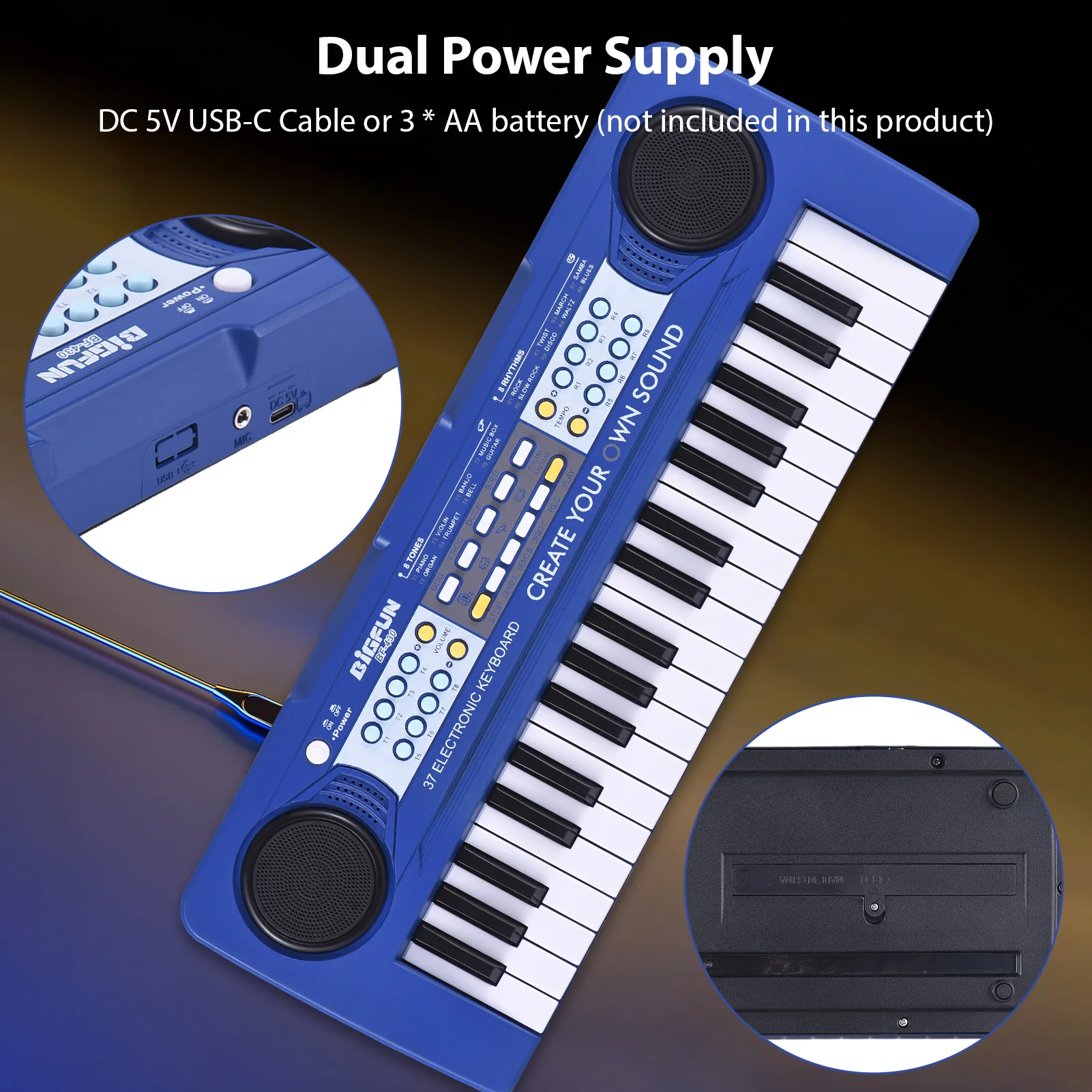 BIGFUN 37 Key Electronic Keyboard Piano 8 Tones 8 Rhythms 4 Percussion 6 Demos Dual Speaker Musical Instrument for Beginners