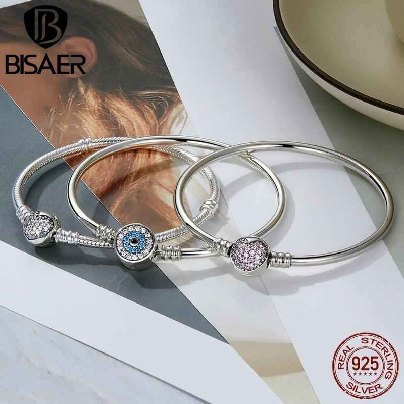 BISAER 100% 925 Sterling Silver Basic Snake Chain Zircon Bracelets Blue Demon Eye Bracelet & Bangles Charm Sizes 17â21 Jewelry
