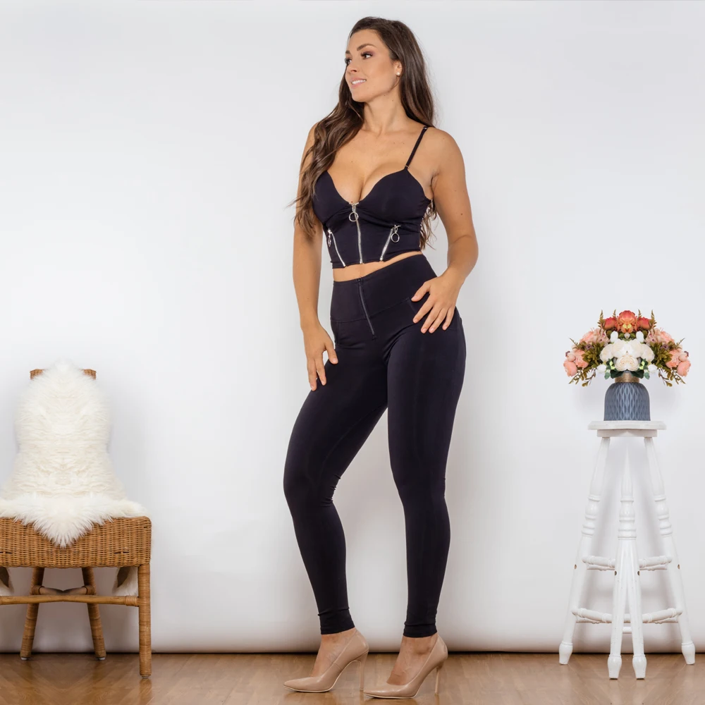 

Shascullfites Melody Body Shaper Set High Waist Butt Lift Leggings Black Cotton Zipper Push Up Top Elegant Women's Sets