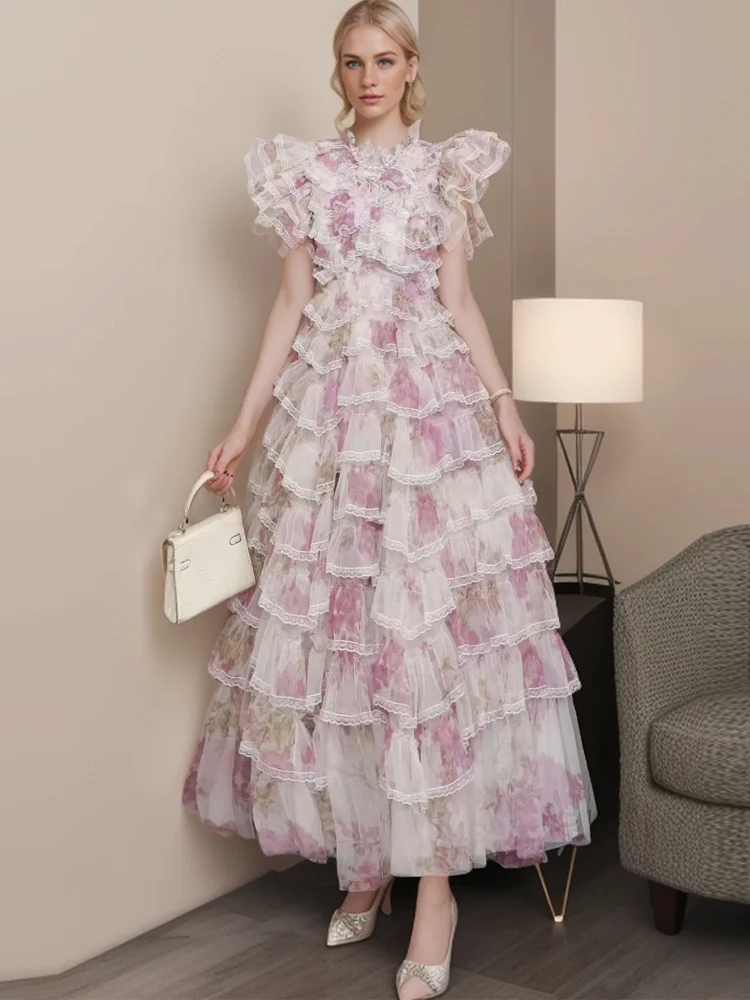 

Женское длинное платье с оборками на рукавах SEQINYY, элегантное дизайнерское винтажное кружевное Сетчатое платье с цветочным рисунком, лето-весна