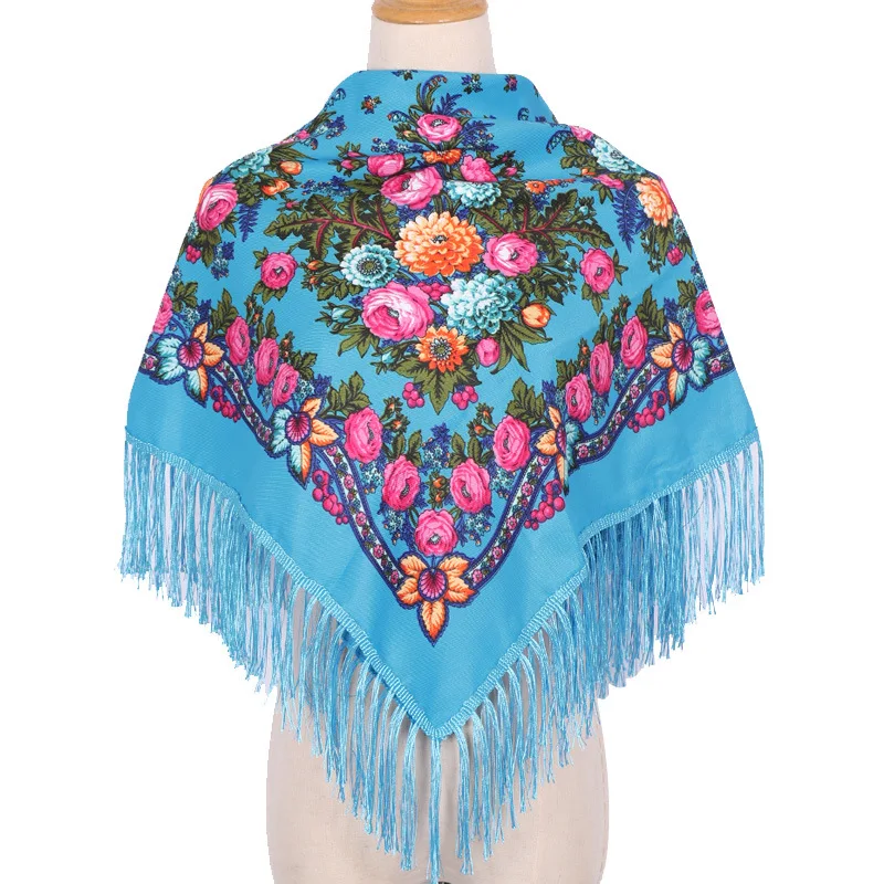 

90*90cm Women Russian Floral Pattern Square Scarf Retro Ethnic Fringed Shawl Lady Bandana Head Wraps Blanket Travel Shawls