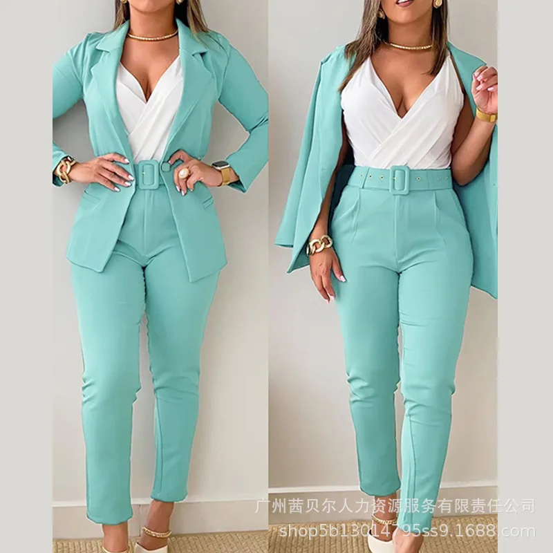 

Wepbel Y2K Solid Color Blazers Suit Jacket Casual Trousers Suit Outfits Turn-down Collar Buttoned Blazer Coat & Belted Pants Set