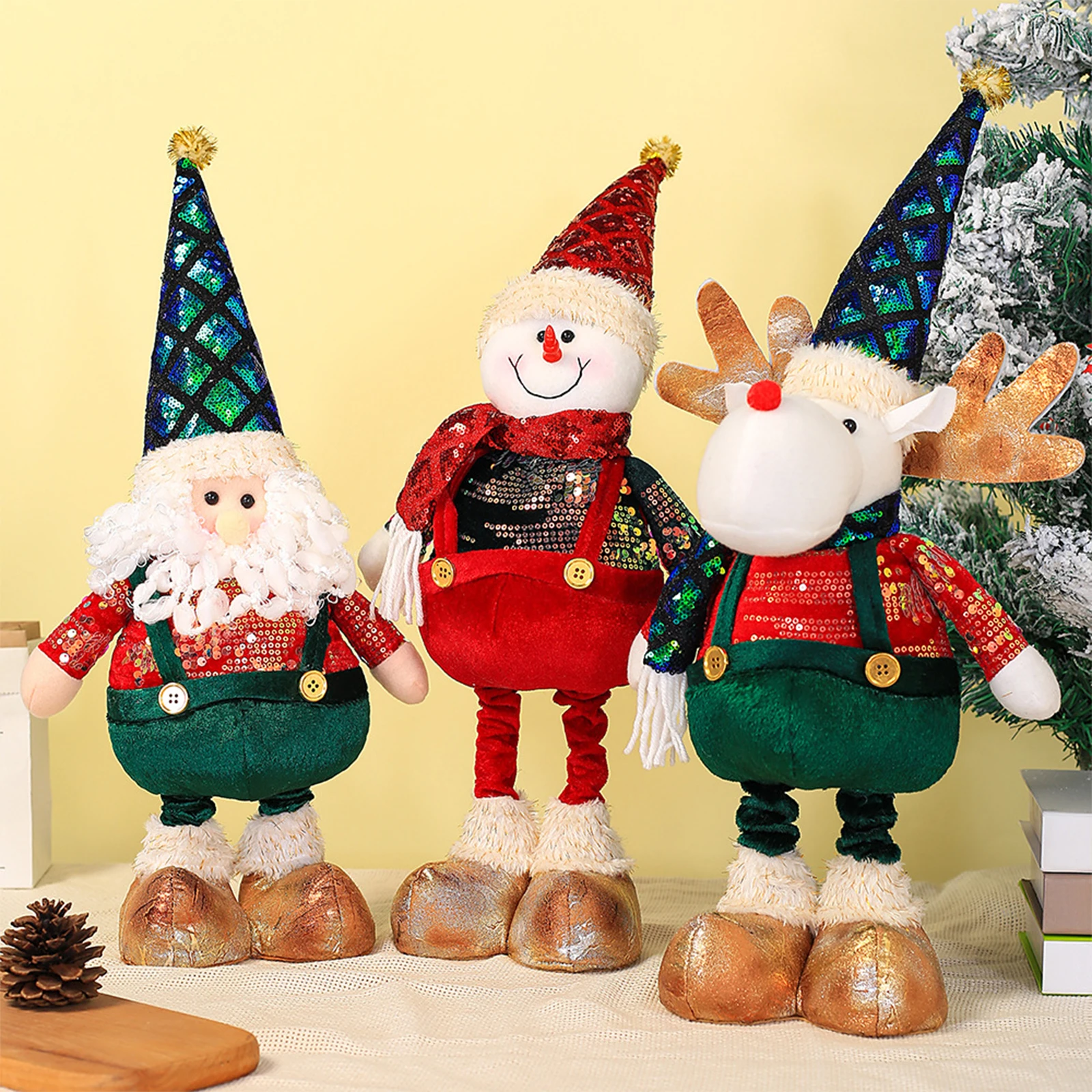 Christmas Decorations Figurine with Retractable Spring Legs Christmas Ornament Christmas Plush Doll Home Holiday Decoration