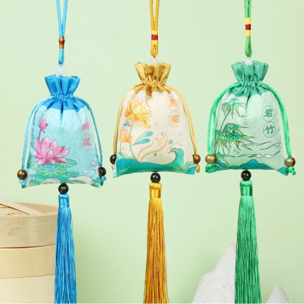 

Antique Retro Women Sachet Fashion Smooth Jewelry Storage Bag Chinese Style Flower Printing Tassel Sachet