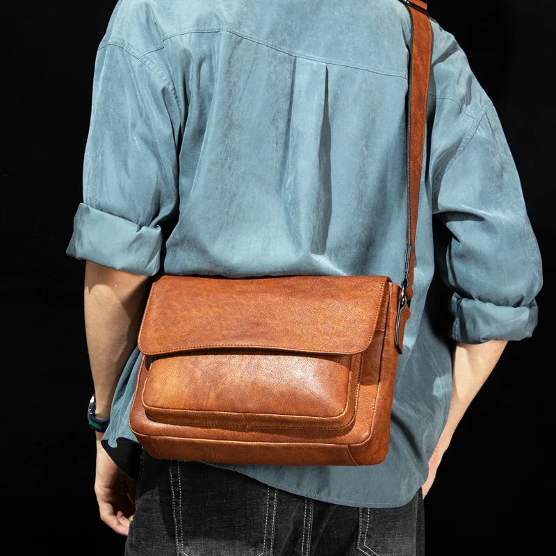 Retro trend leather messenger bag fashion horizontal male Baotou layer leather shoulder bag casual small bag art messenger bag