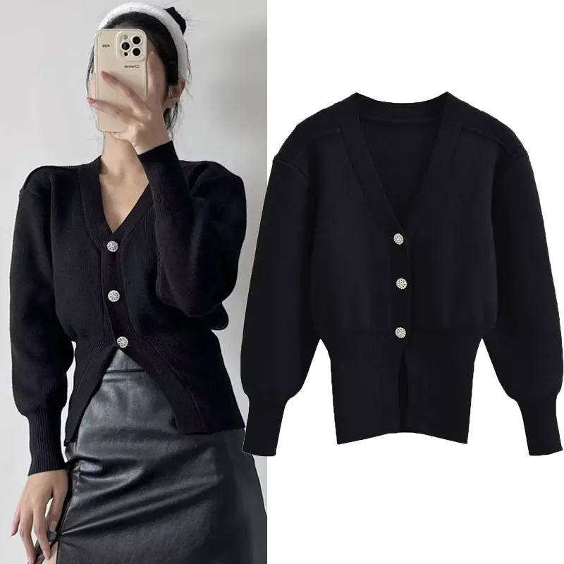 

TRAF Luxury Button Sweater Women Fall Korean Style Long Puff Sleeve Knitted Tops 2024 Aesthetic Clothing Casual V-Neck Knitwears