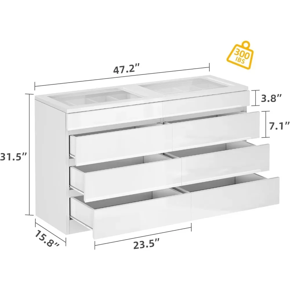 8 Drawer Dresser w LED,White Dresser, 8 Chest of Drawers w Deep Drawers Glass Top High Gloss Surface,Storage Organizer Cabinet 2