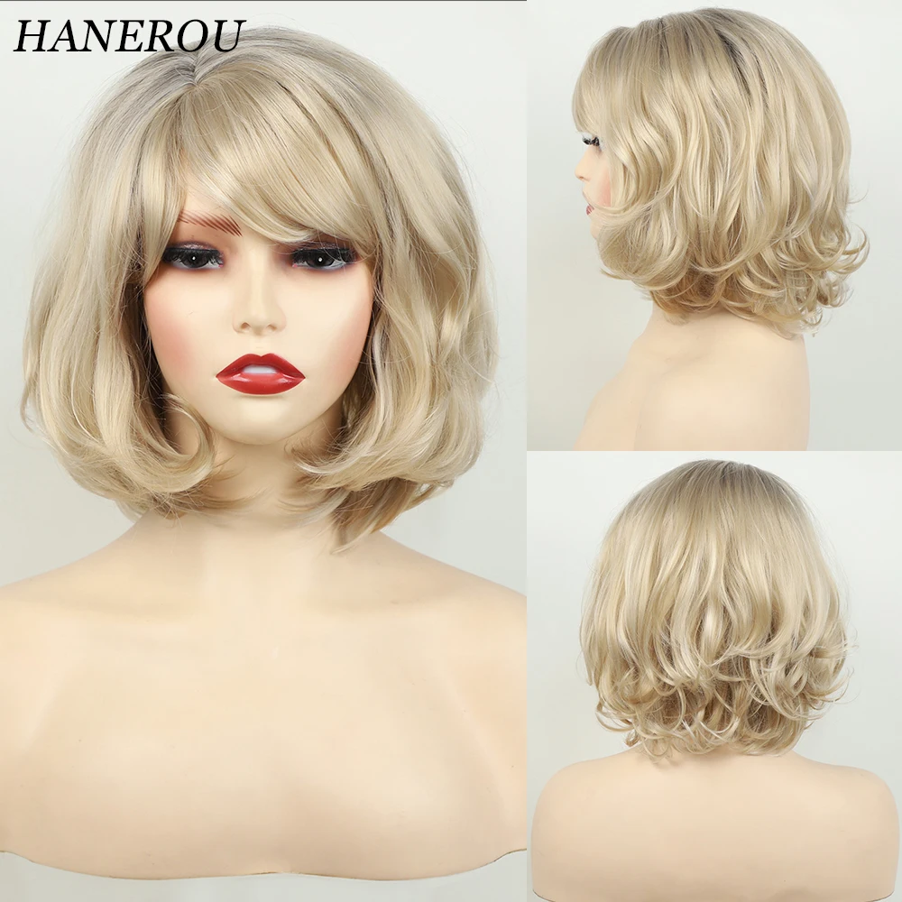 HANEROU Short Synthetic Wig Wavy Natural Blonde Ombre Puffy Women Hair Heat Resistant Wig for Party Daily Cosplay anogol klee game genshin impact cosplay wig blonde double ponytail heat resistant synthetic anime wigs halloween party