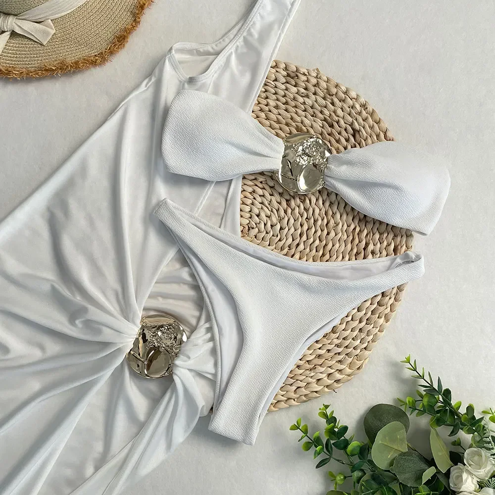 Bathing Suit Women Summer 3 Pieces Bikini Set Sexy Beach Swimwear Set Bandeau Bikini Solid Beachwear Cover Ups Long Maxi Dress
