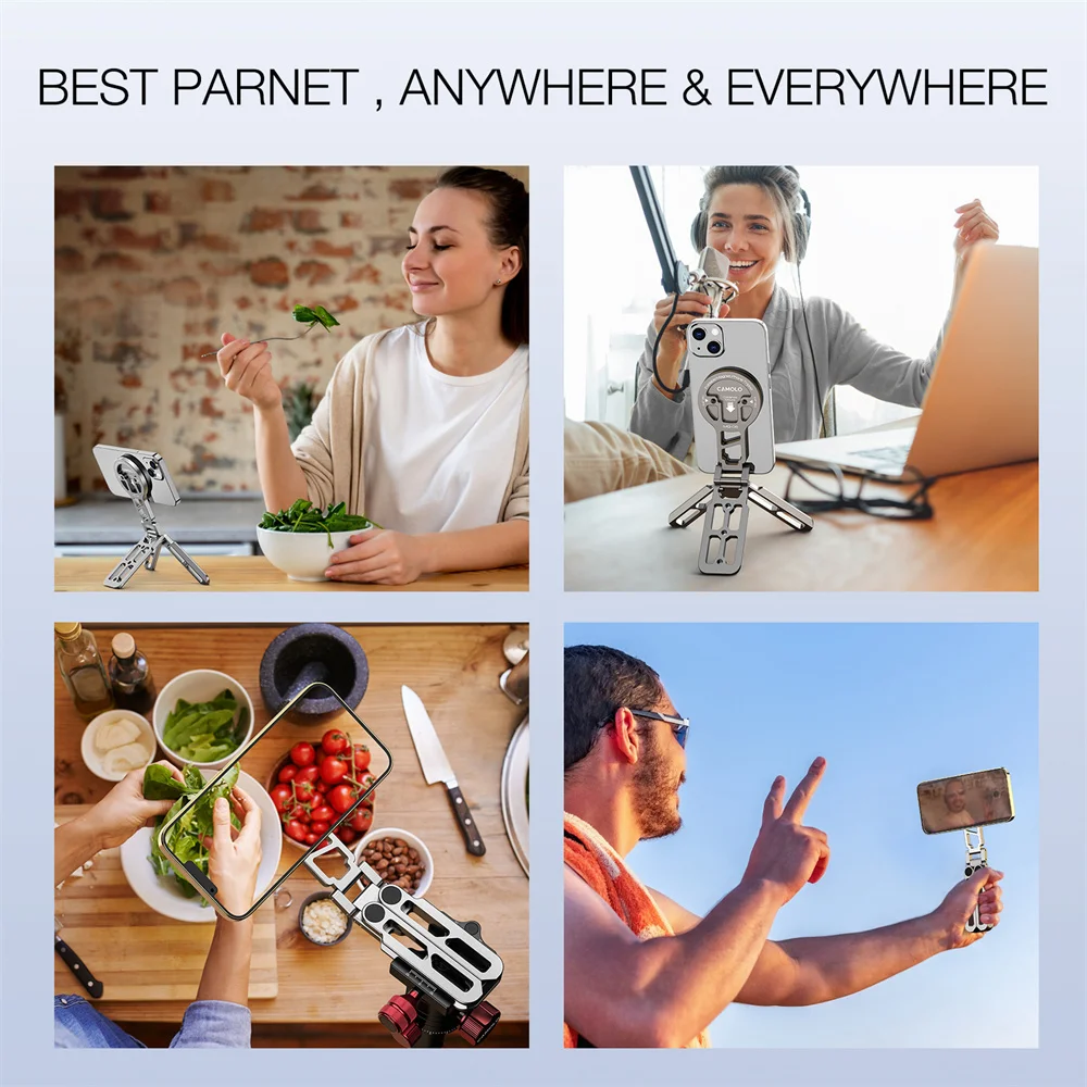 Aluminum Magnetic Selfie Stick phone tripod w Arca Plate 1/4-20 Cold Shoe Foldable Phone Tripod Mount for Magsafe Iphone 15 14 Samsung