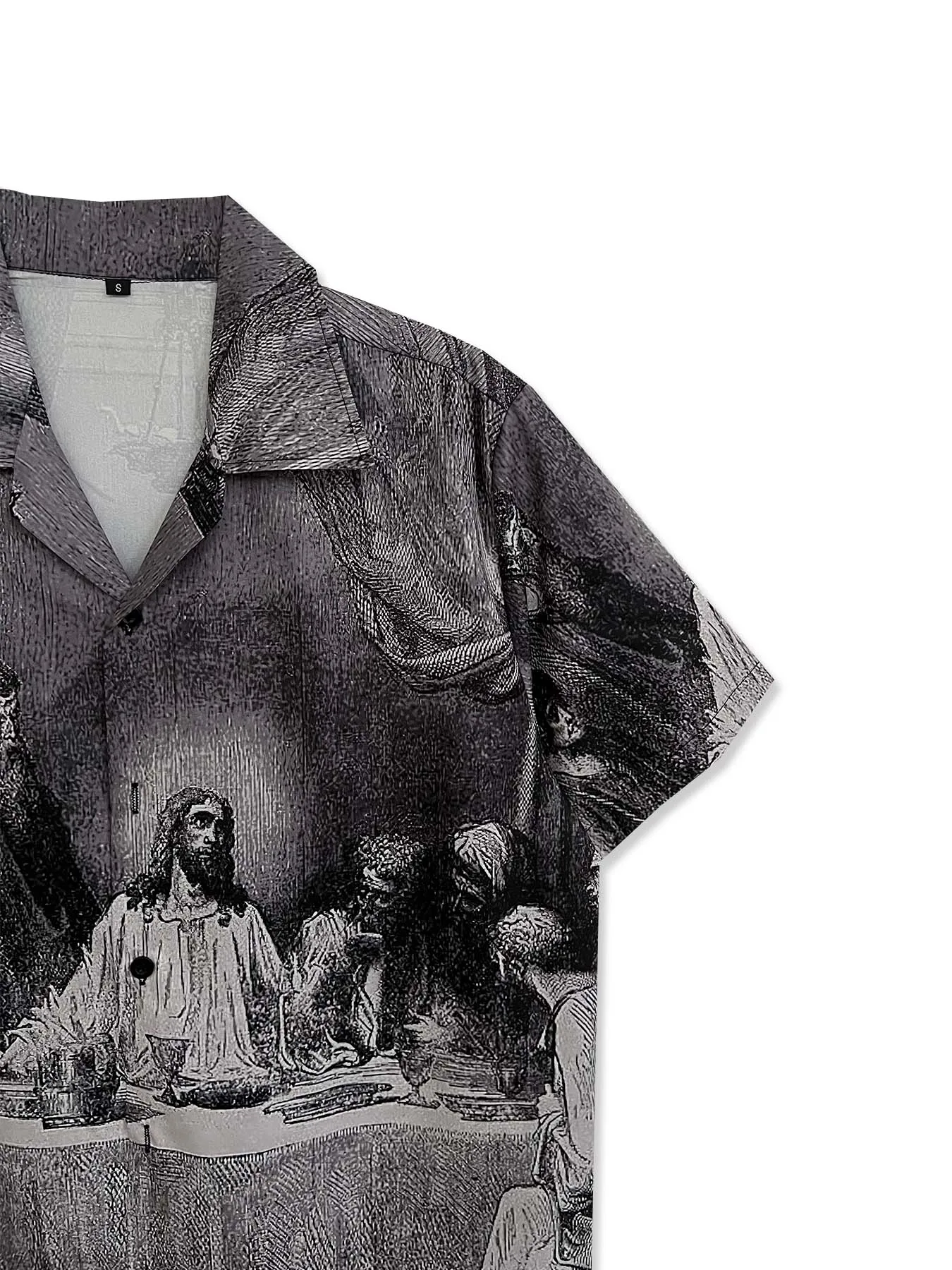 Men's Retro Religious Dinner Pattern Print Short Sleeve Lapel Shirt Top, Male Casual Button Up Shirt For Summer Daily Wear 3