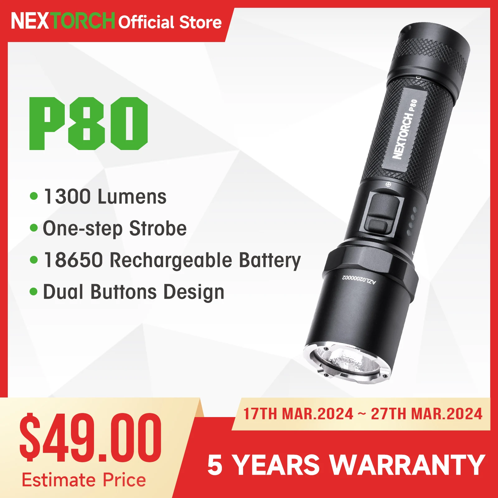 Nextorch P80, Torcia Tattica Ricaricabile, Torcia Led Ad Alte Prestazioni Da 1300 Lumen Per Forze Dell'Ordine