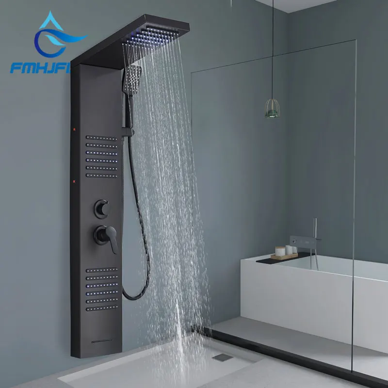 Description Picture 3 of itemBlack LED Shower Panel Shower Faucet Rain Waterfall Shower Column Tub Faucet Wall Mount Massage Body Spa Bathroom Shower Systems