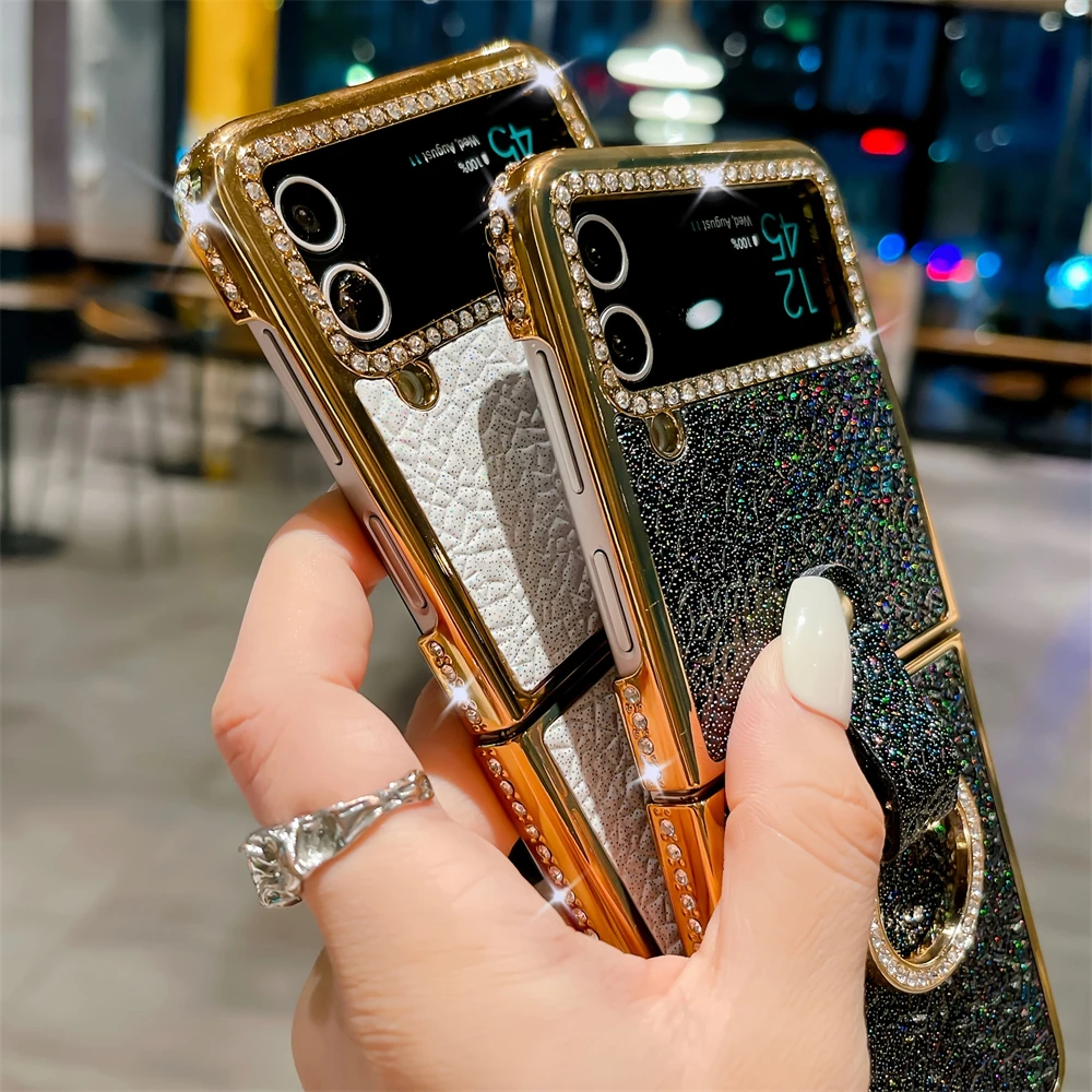Luxury Plating Diamond Round Ring Leather Phone Case - Glitter Shine Shockproof Cover