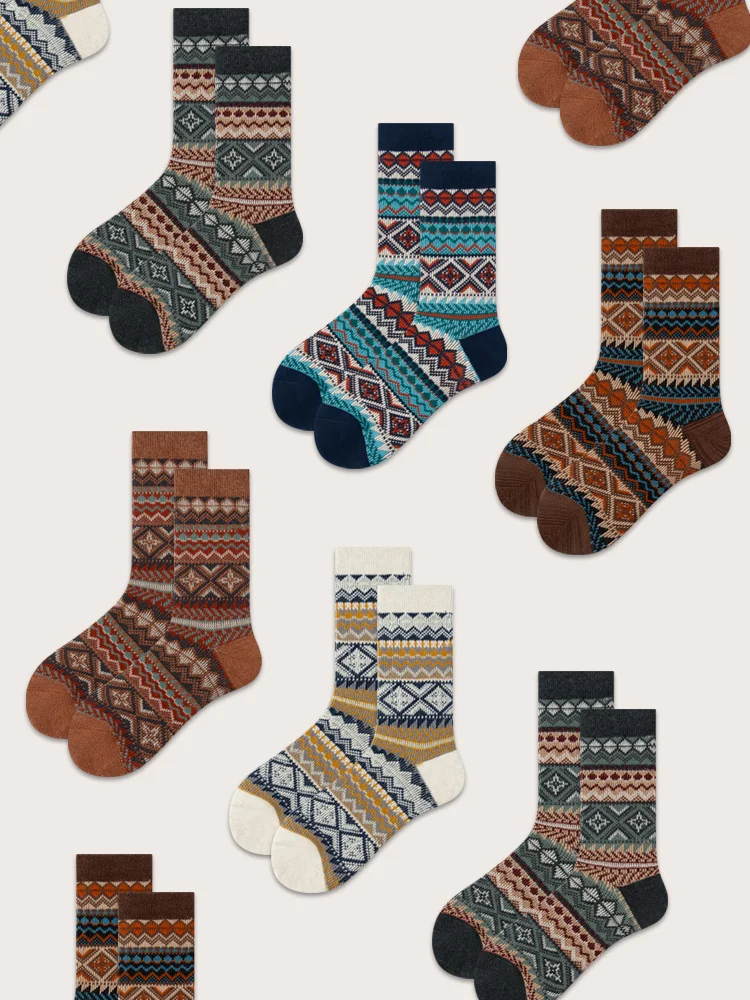 Socks Men's Autumn Winter Retro Ethnic Style Cotton Socks Long Tube Men's Stockings Socks Men Warm Rhombus Common Style