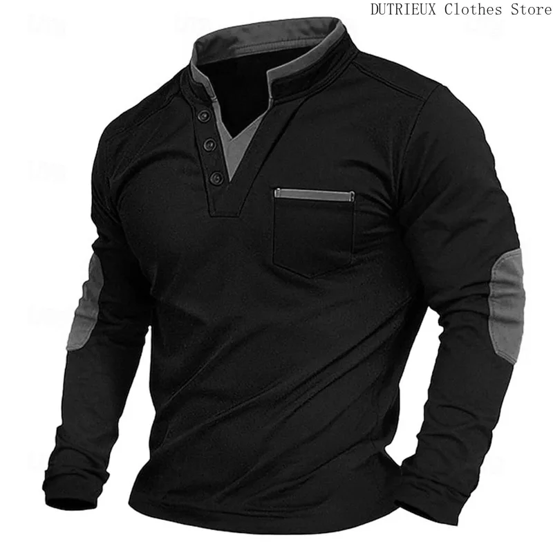 Autumn Retro Casual Men's V-neck Hoodie Long Sleeve T-shirt Business Leisure Sweatshirt