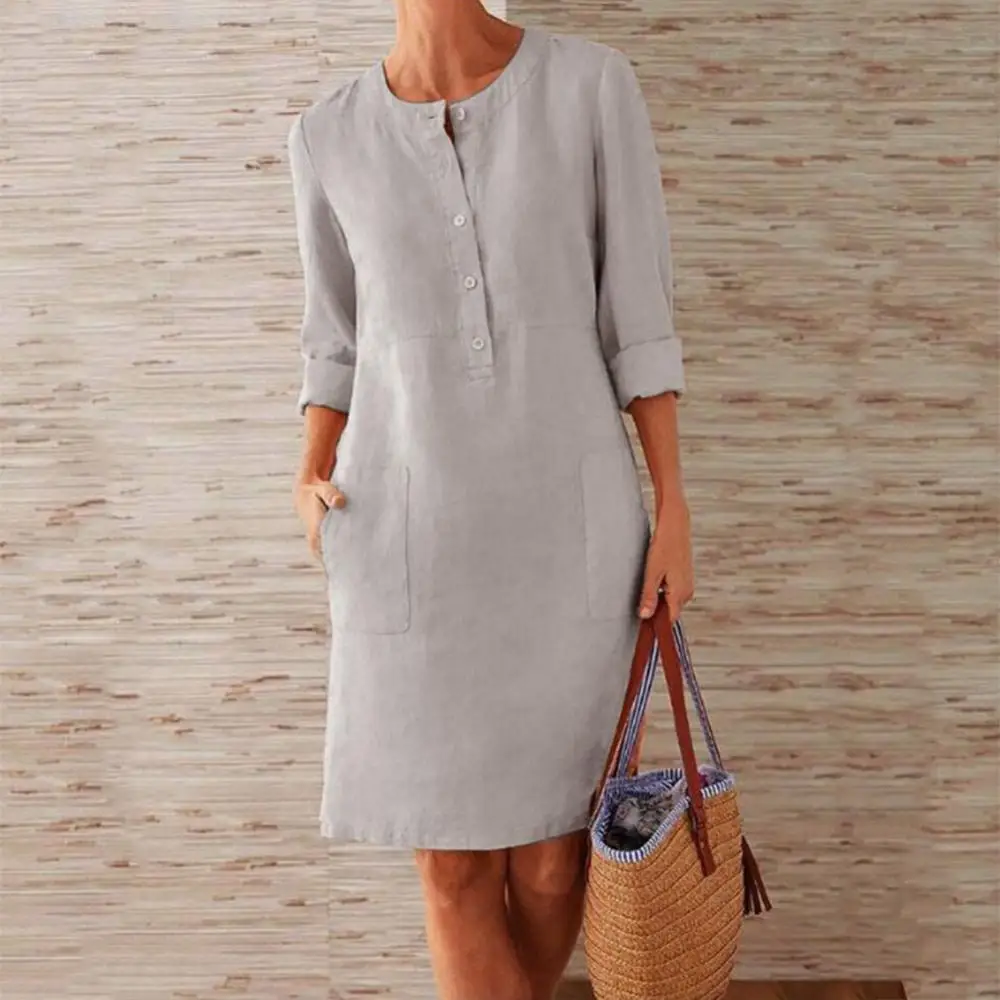 Summer Boho Vintage Dress Women Casual Long Sleeve Buttons Pockets Cotton Linen Loose Knee-length Dress 2