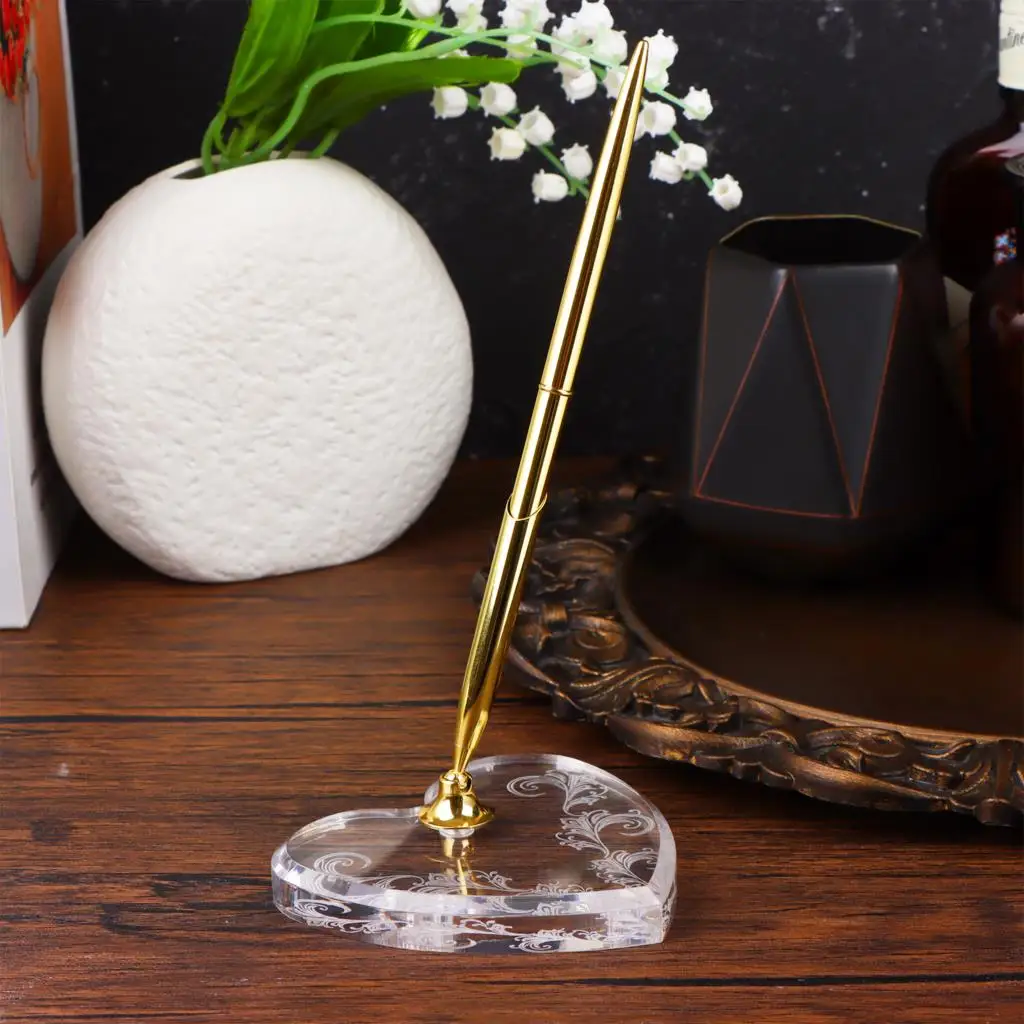

2 Pieces Metal Ballpoint Pen Stand Acrylic Crystal Pen Holder Heart Shaped Base Office Pen Display Stand For Engagement Wedding