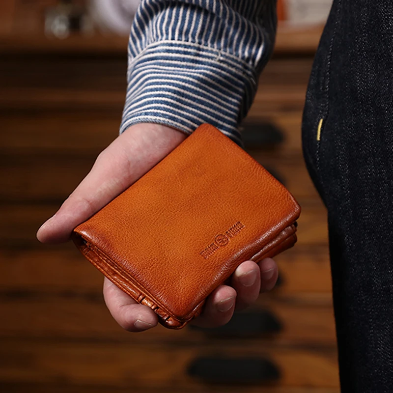 

Мужской кошелек из воловьей кожи AETOO, короткий бумажник из первого слоя кожи с несколькими отделениями для карт, с защитой от кражи