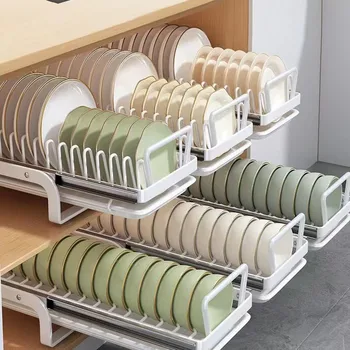 슬라이딩 접시 그릇 보관 랙, 주방 정리함 싱크 접시 건조 랙 캐비닛, 식기 거치대 접시 배수구 젓가락 통