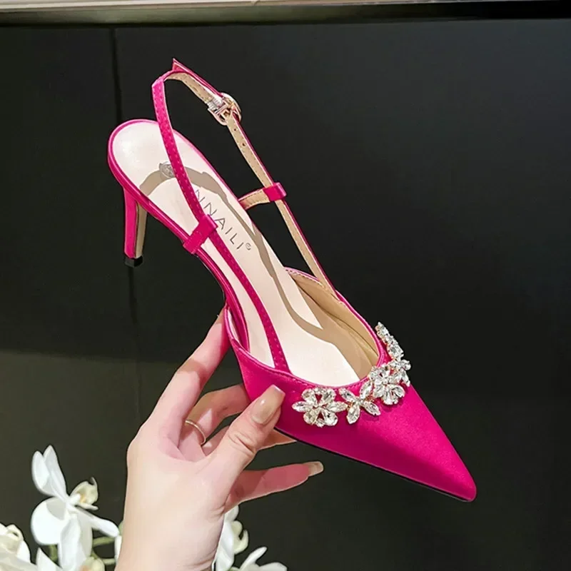 Rhinestone Satin Pointed Toe High Heels Women Elegant Diamond Wedding Shoe Slingbacks Pumps Luxury Designer Party Sandals Ladies