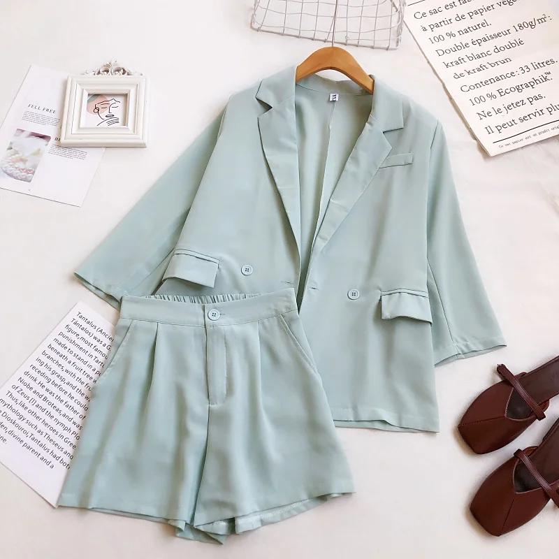 OUMEA Women Sets Korean Stye Office Lady Coat+Wide Leg Opening Shorts High Waist Solid Color Two Piece Basic Set With Buttons