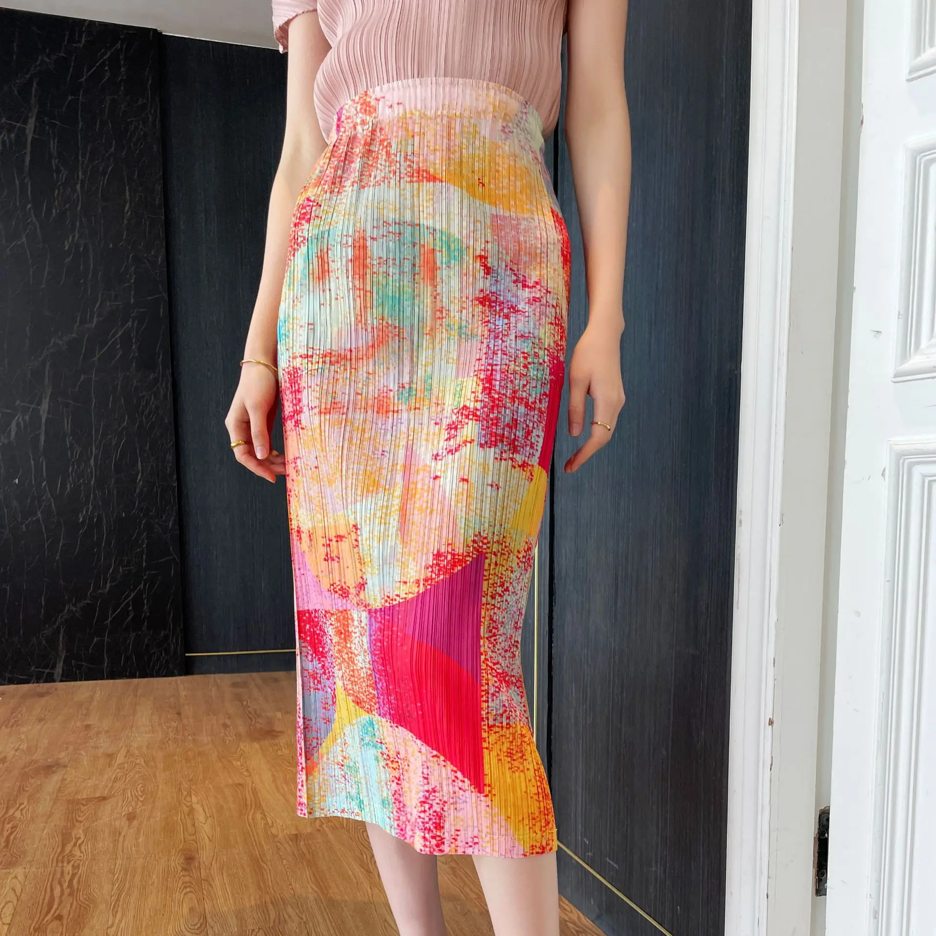 

Multicolor Print Skirt Summer Oversize Pleated Women Midi Skirt