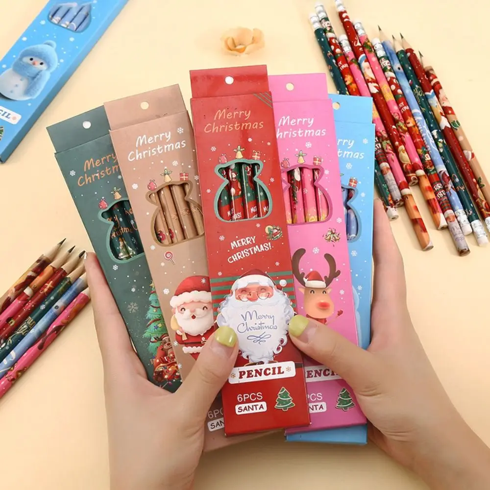 

6pcs Painting Christmas Cartoon Pencil Eraser Cute Wooden Christmas Stationery Elk Snowman Lead Pencil Students