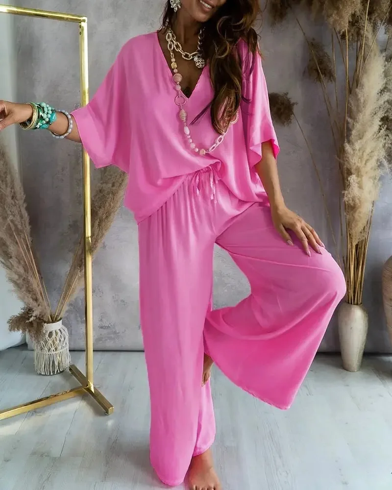 

Spring Summer Women's Set V-neck Bat-sleeve Top and High Waist Loose Wide Leg Pants Set Casual Two Piece Sets Womens Outifits