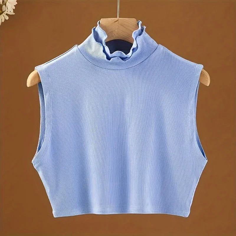 Einfarbiges Mesh-Top ohne Ärmel mit Stehkragen, Rüschenbesatz und Falschkragen für Damen, Vielseitiger Pullover, Passendes Basis-Oberteil – Detail 9